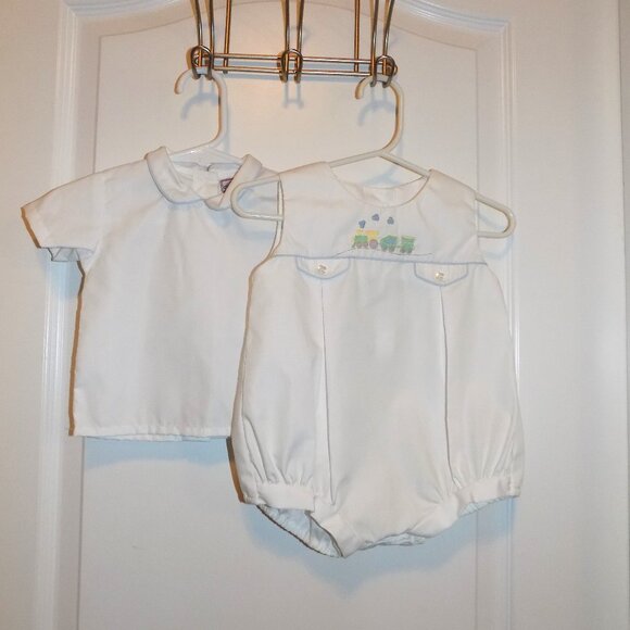 NWT PETIT AMI 6M White 2pc Train Romper Boys Bubble Collar Shirt Embroidered - Picture 5 of 11